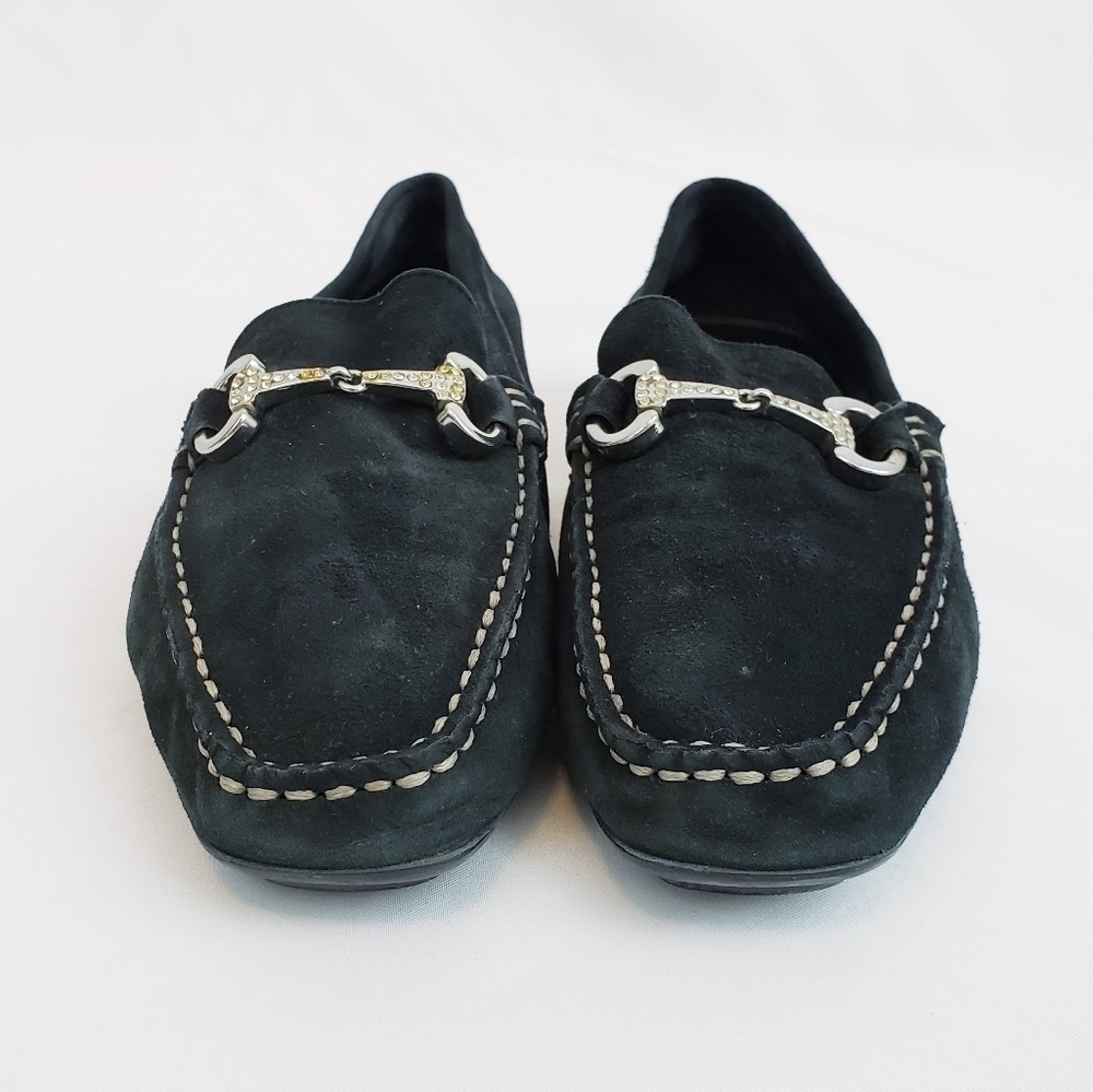 Respira Driving Mocs Loafers Black Suede Shoes Silver Hardware - Picture 3 of 14